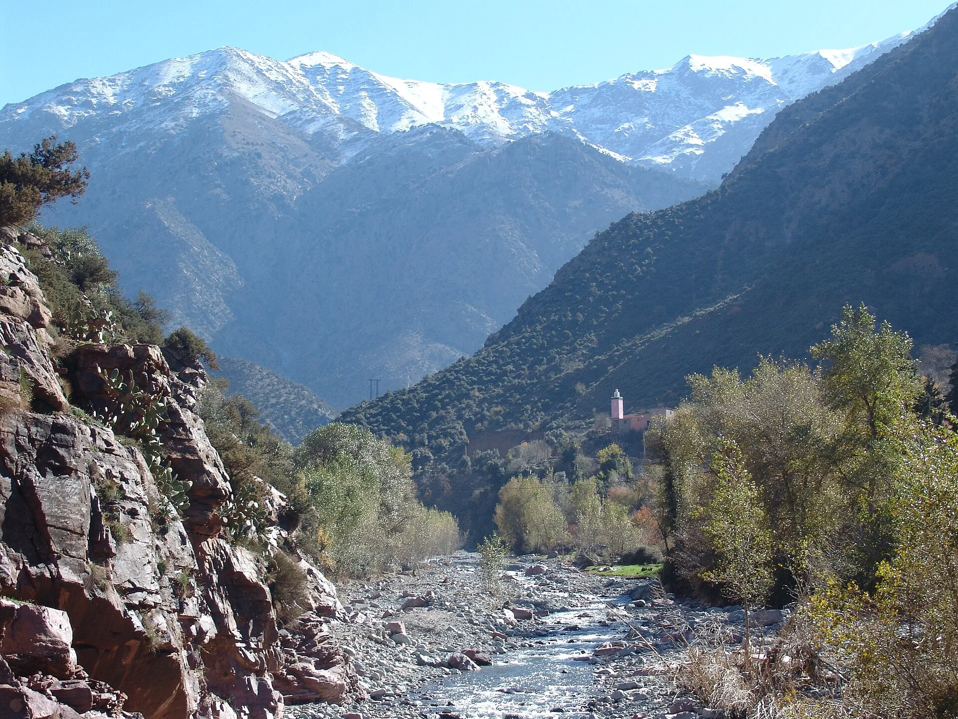 Green terraces and villages in the Ourika Valley beneath the Atlas Mountains
